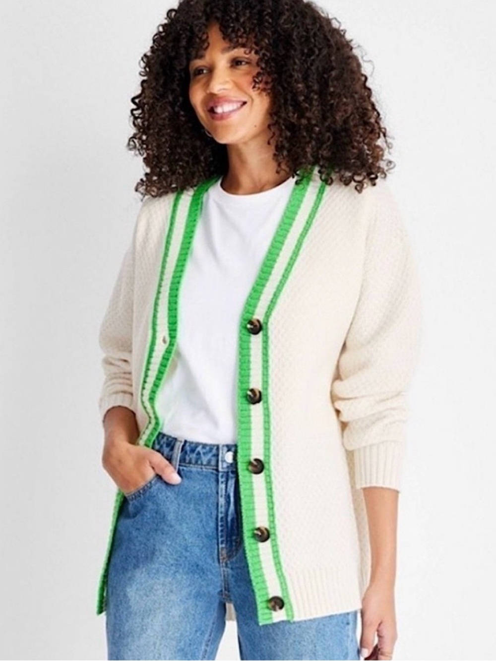 Cream Cardigan with Bright Green Trim - Women's Button Front